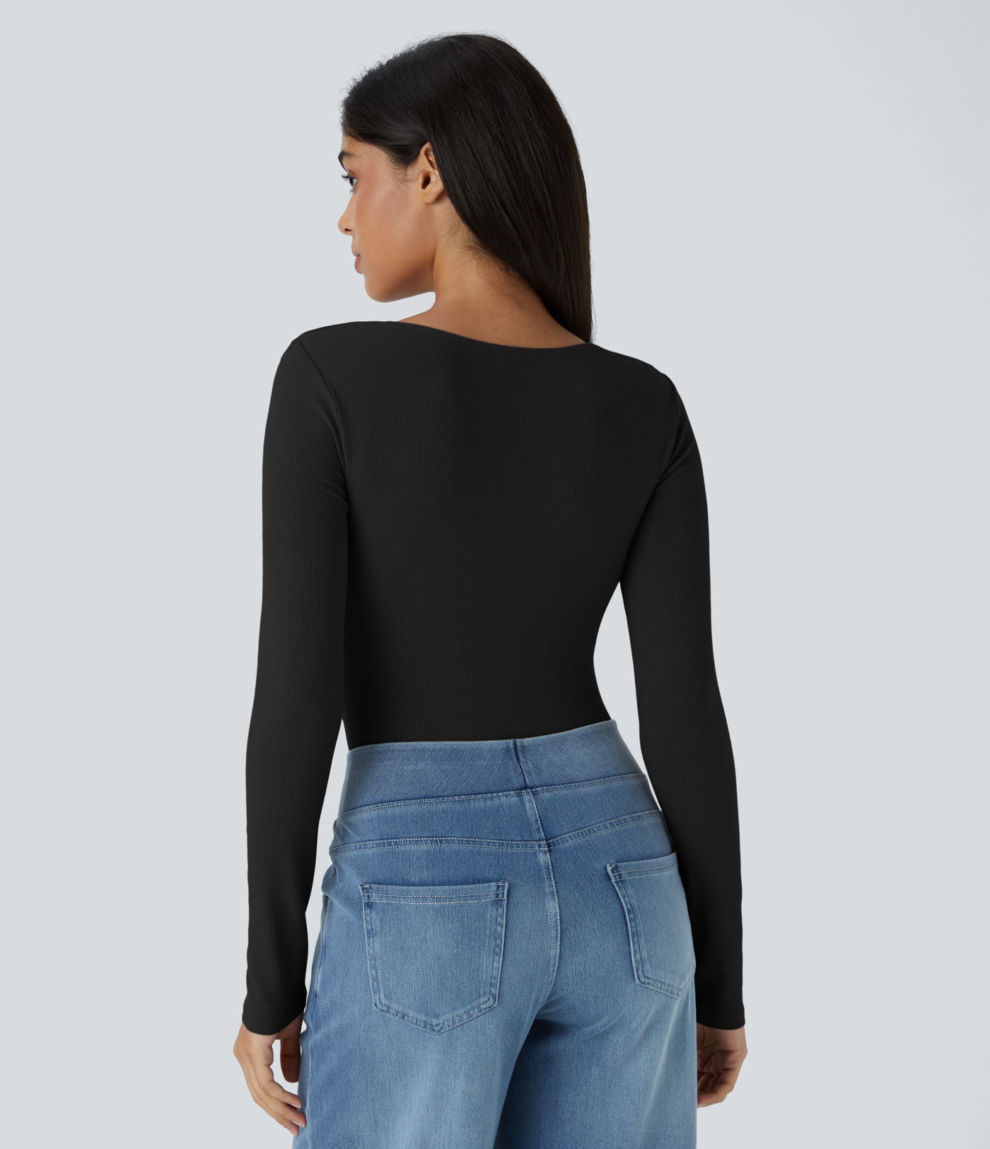 Ribbed Knit V Neck Long Sleeve Snap Skinny Casual Bodysuit