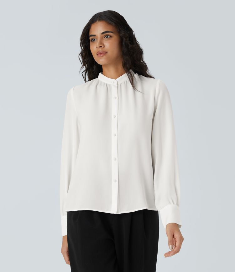 Stand Collar Long Sleeve Solid Relaxed Work Shirt