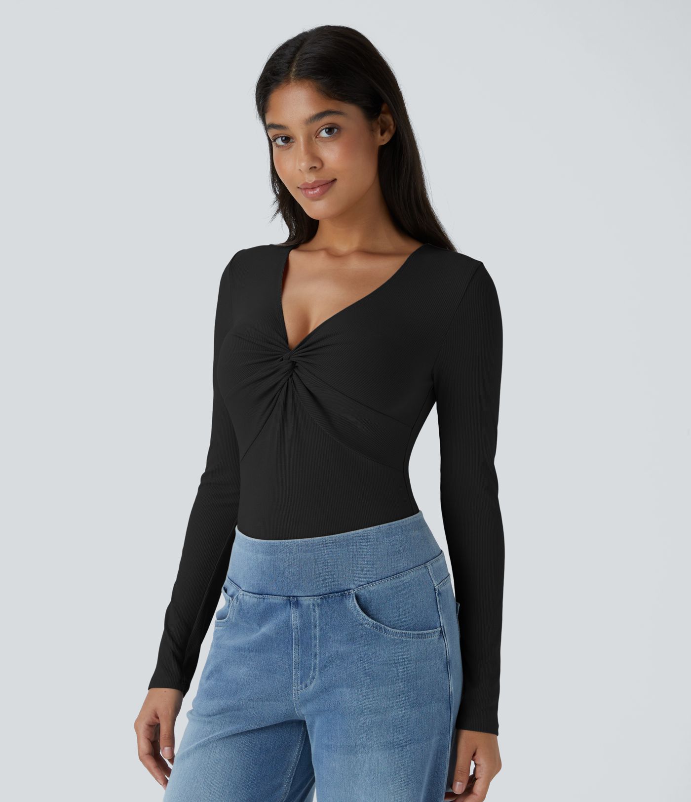 Ribbed Knit V Neck Long Sleeve Snap Skinny Casual Bodysuit