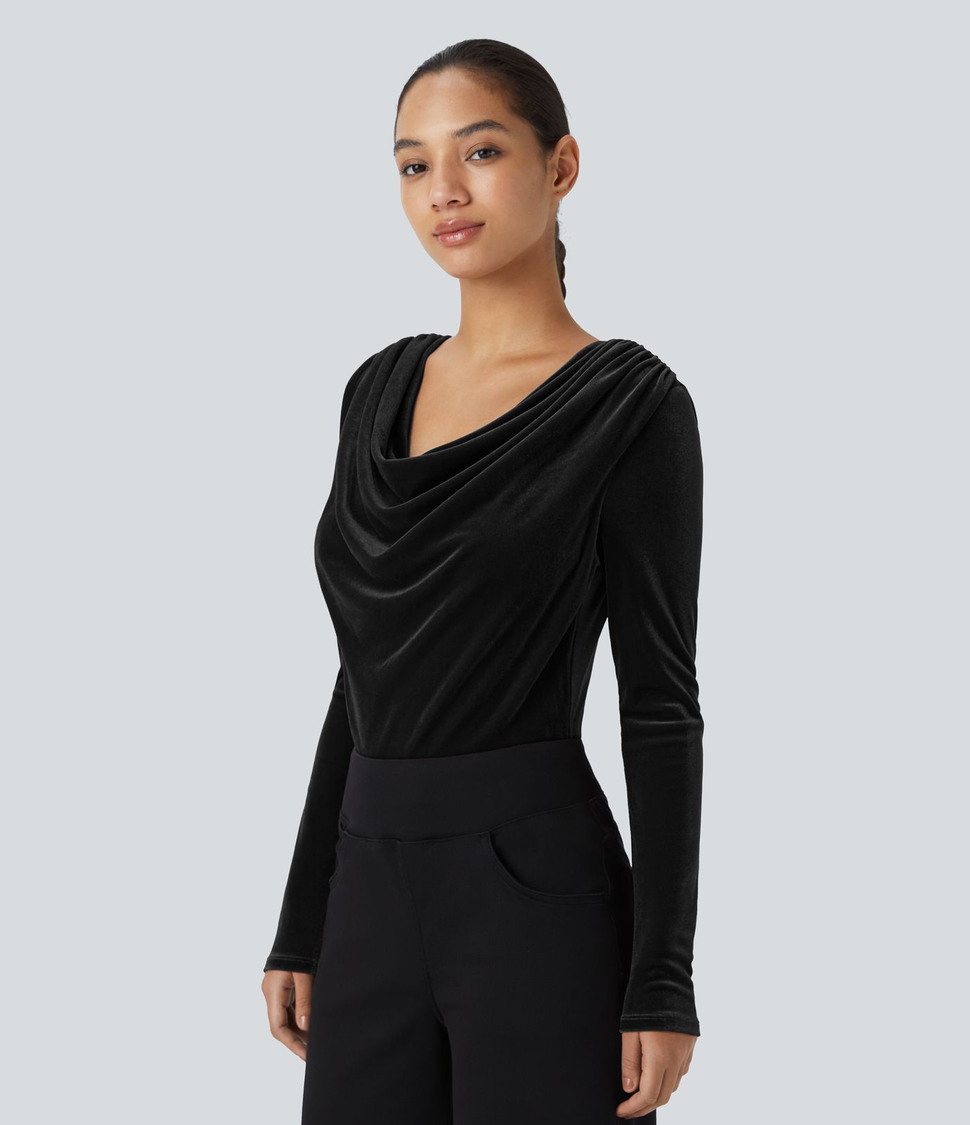 Cowl Neck Long Sleeve Velvet Work Bodysuit