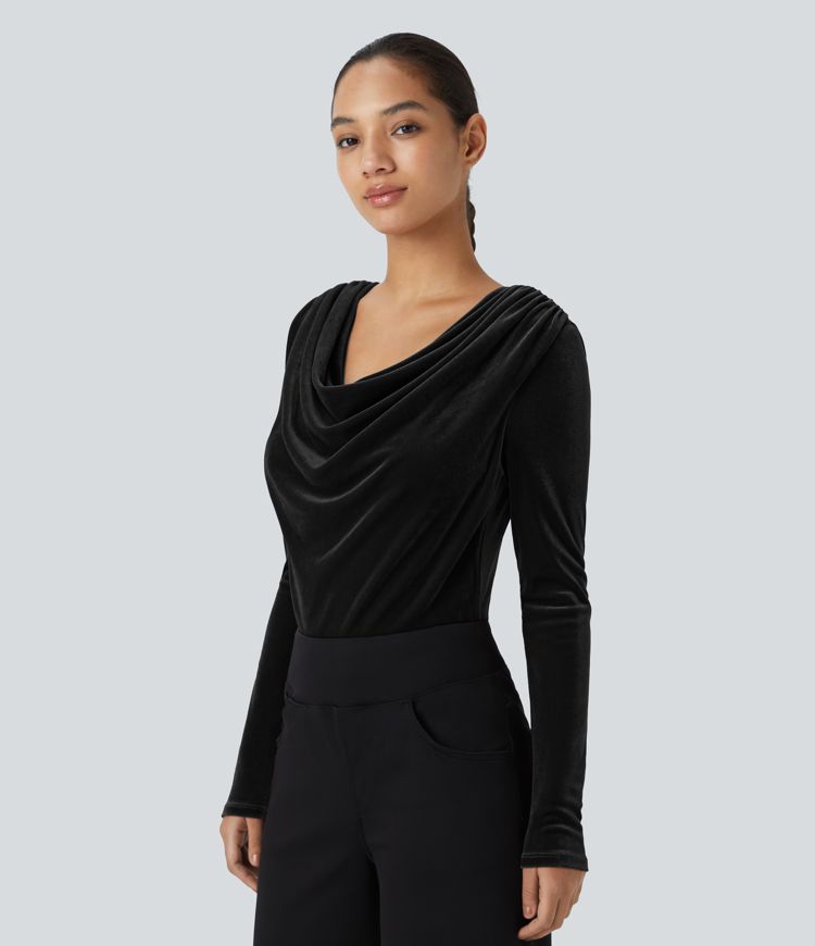 Cowl Neck Long Sleeve Velvet Work Bodysuit
