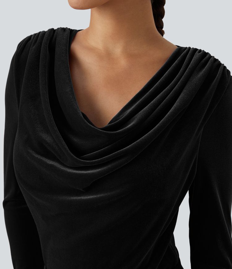 Cowl Neck Long Sleeve Velvet Work Bodysuit