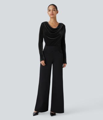 Cowl Neck Long Sleeve Velvet Work Bodysuit