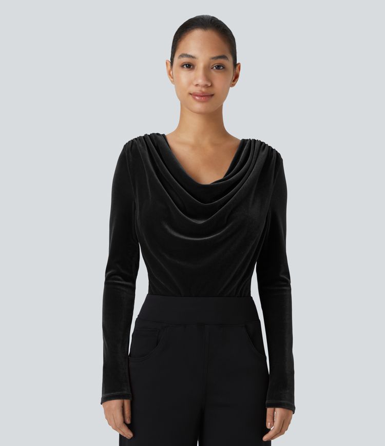 Cowl Neck Long Sleeve Velvet Work Bodysuit
