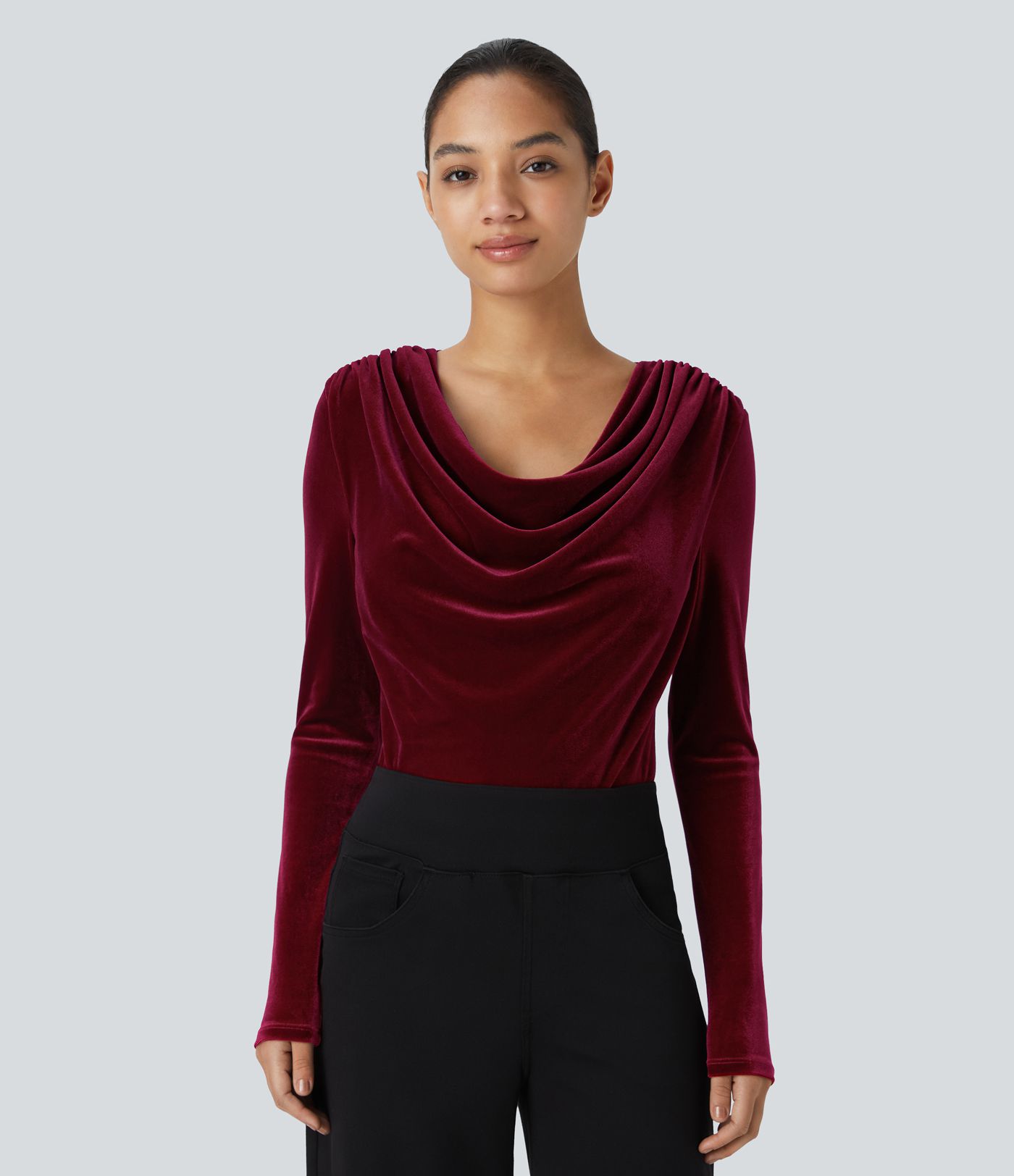 Cowl Neck Long Sleeve Velvet Work Bodysuit