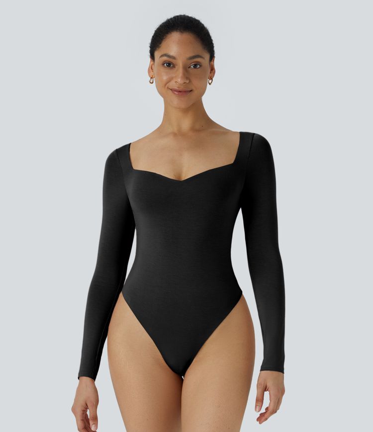 Square Neck Long Sleeve Button Work Bodysuit