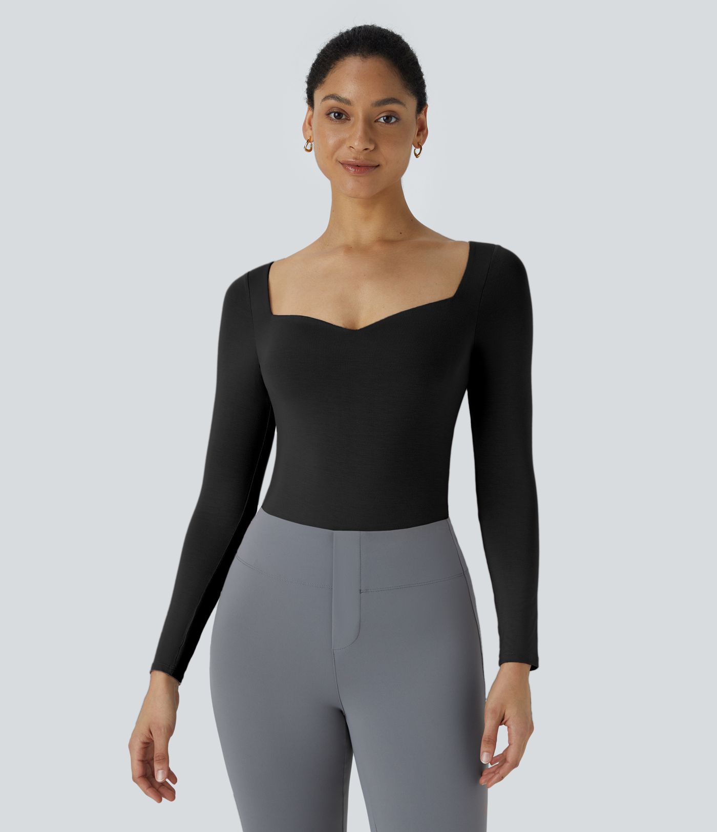 Square Neck Long Sleeve Button Work Bodysuit