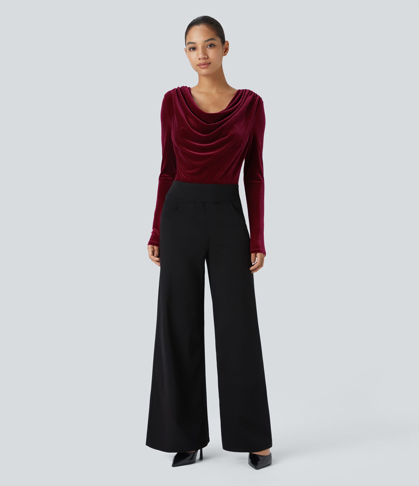 Cowl Neck Long Sleeve Velvet Work Bodysuit