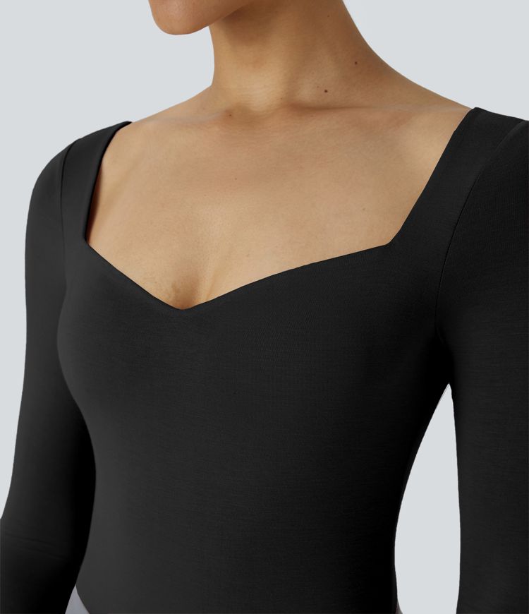 Square Neck Long Sleeve Button Work Bodysuit