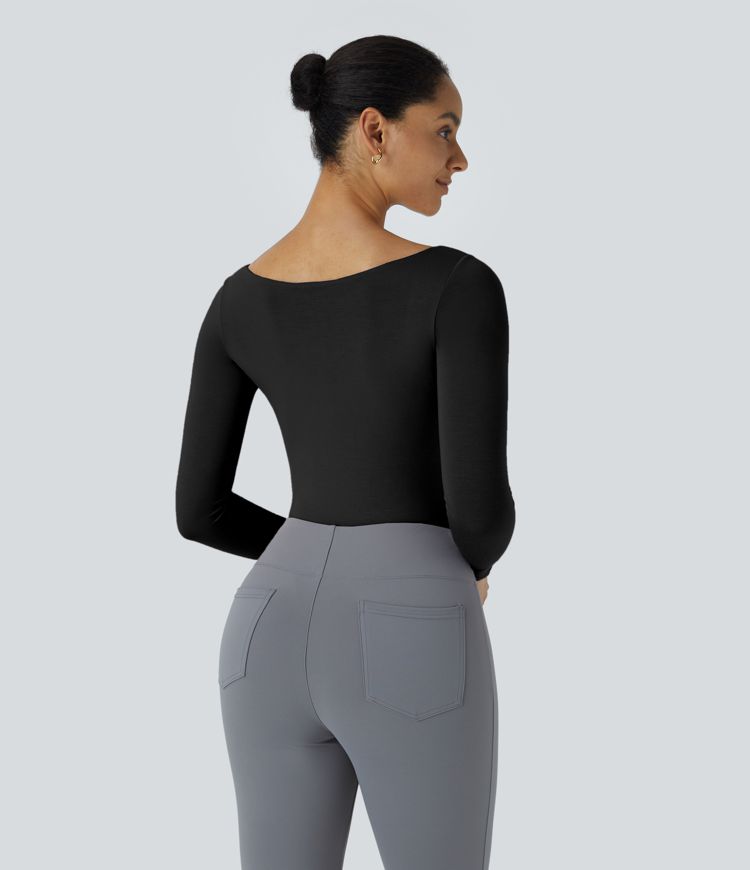 Square Neck Long Sleeve Button Work Bodysuit