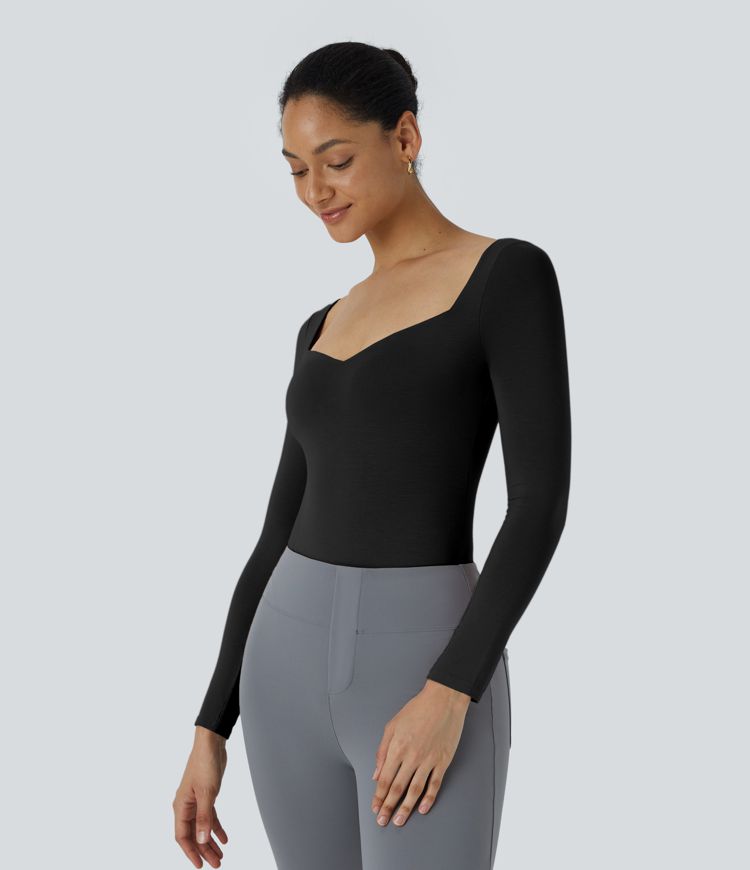 Square Neck Long Sleeve Button Work Bodysuit