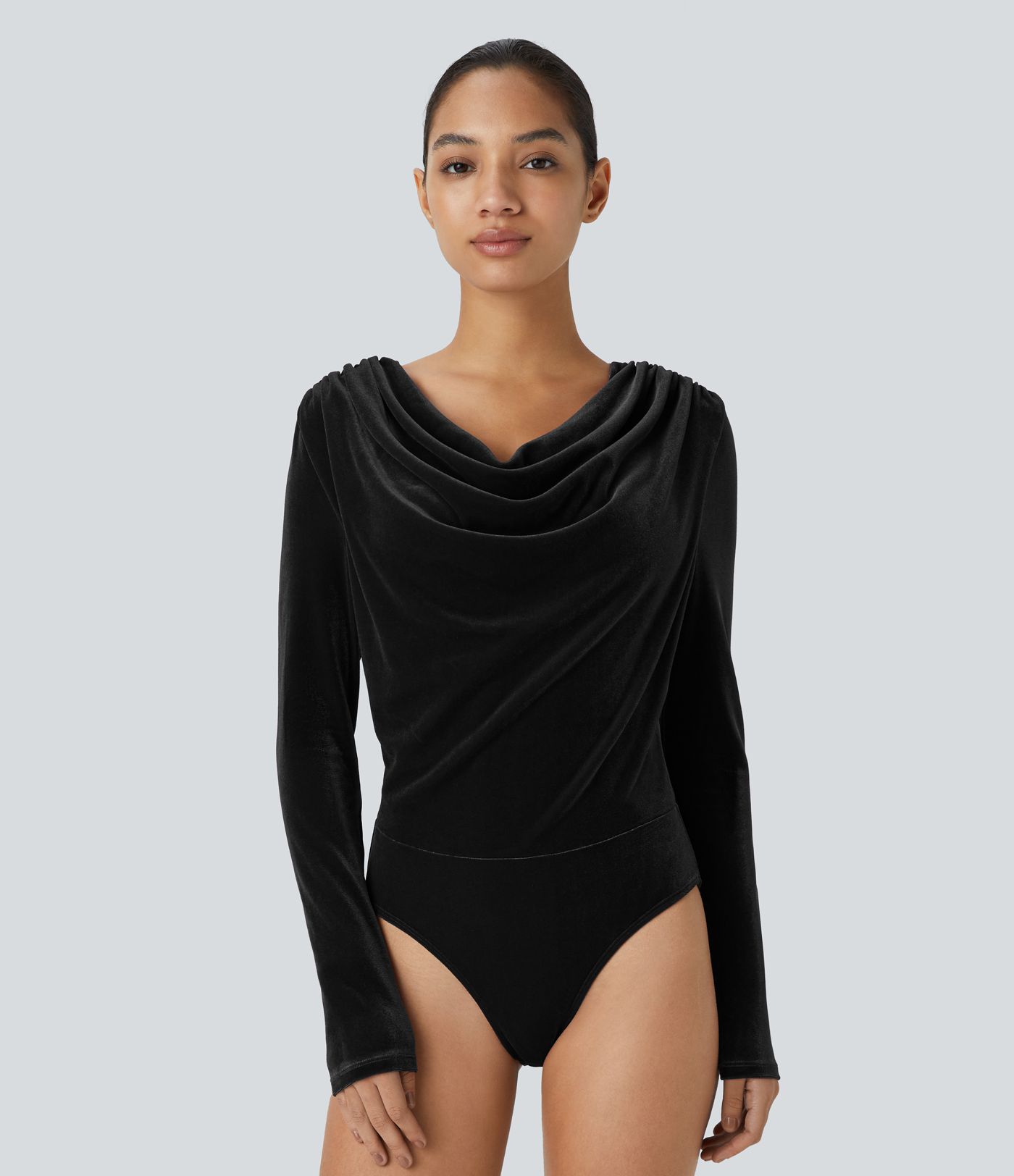 Cowl Neck Long Sleeve Velvet Work Bodysuit
