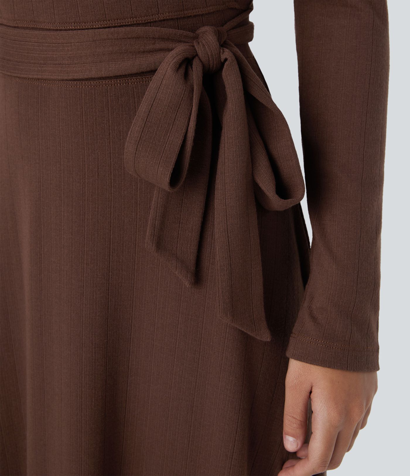 Ribbed Knit Crossover V Neck Long Sleeve Belted Midi Work Dress