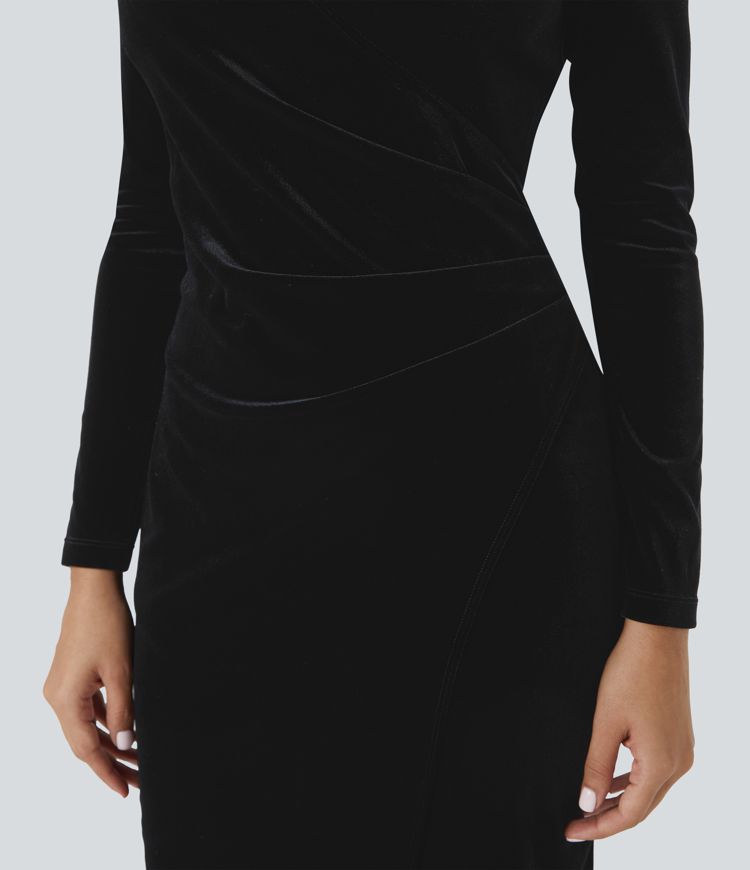 Robe de décontractée mi-longue en velours à col V, manches longues, fronces et fente