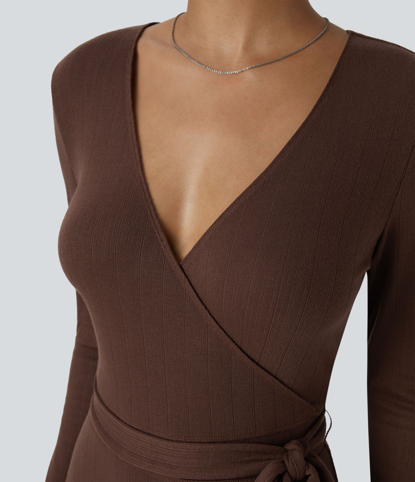 Ribbed Knit Crossover V Neck Long Sleeve Belted Midi Work Dress
