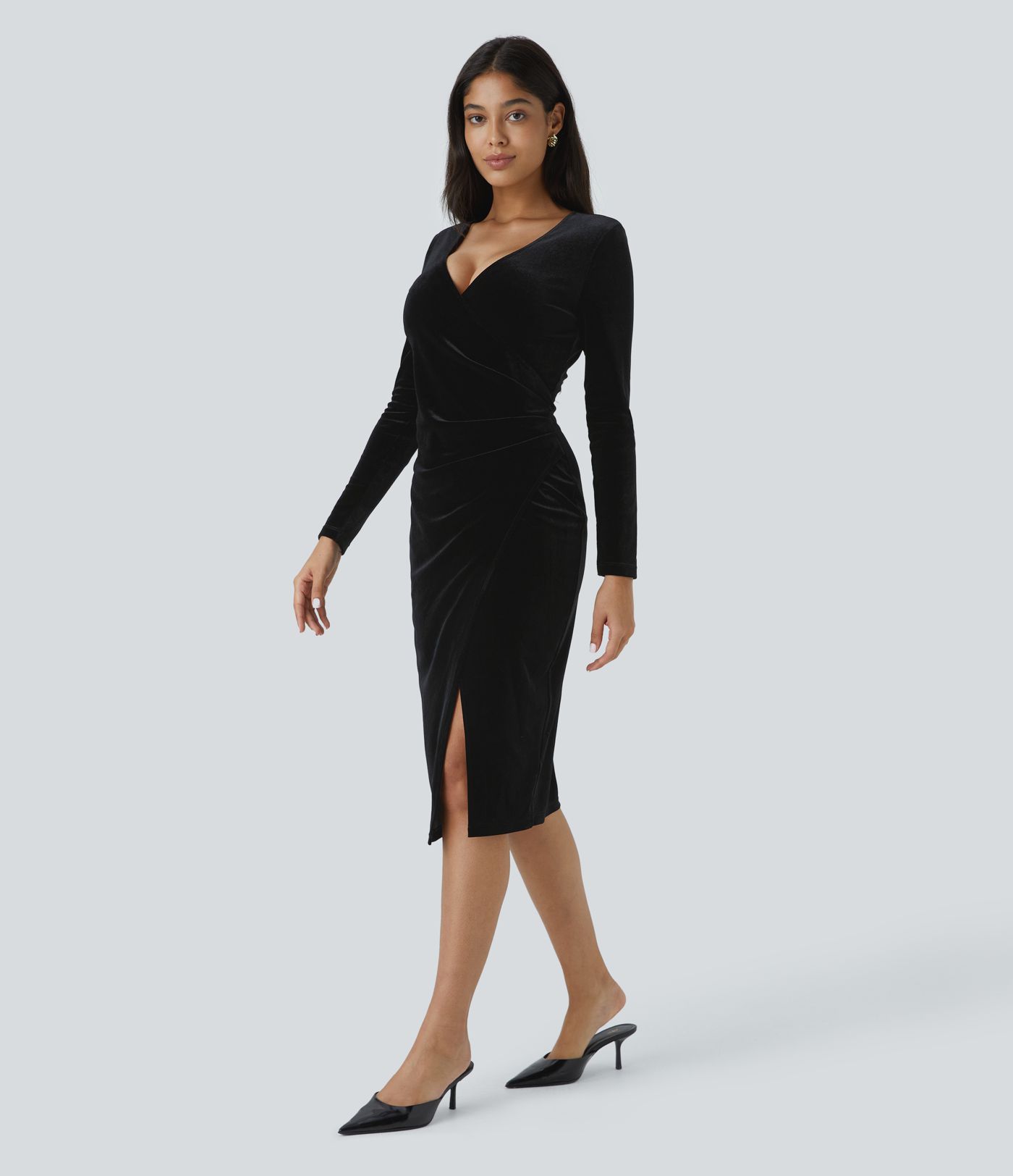 Robe de décontractée mi-longue en velours à col V, manches longues, fronces et fente