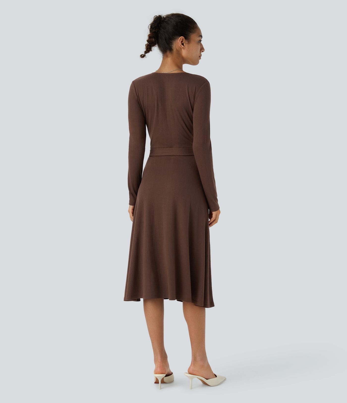 Ribbed Knit Crossover V Neck Long Sleeve Belted Midi Work Dress