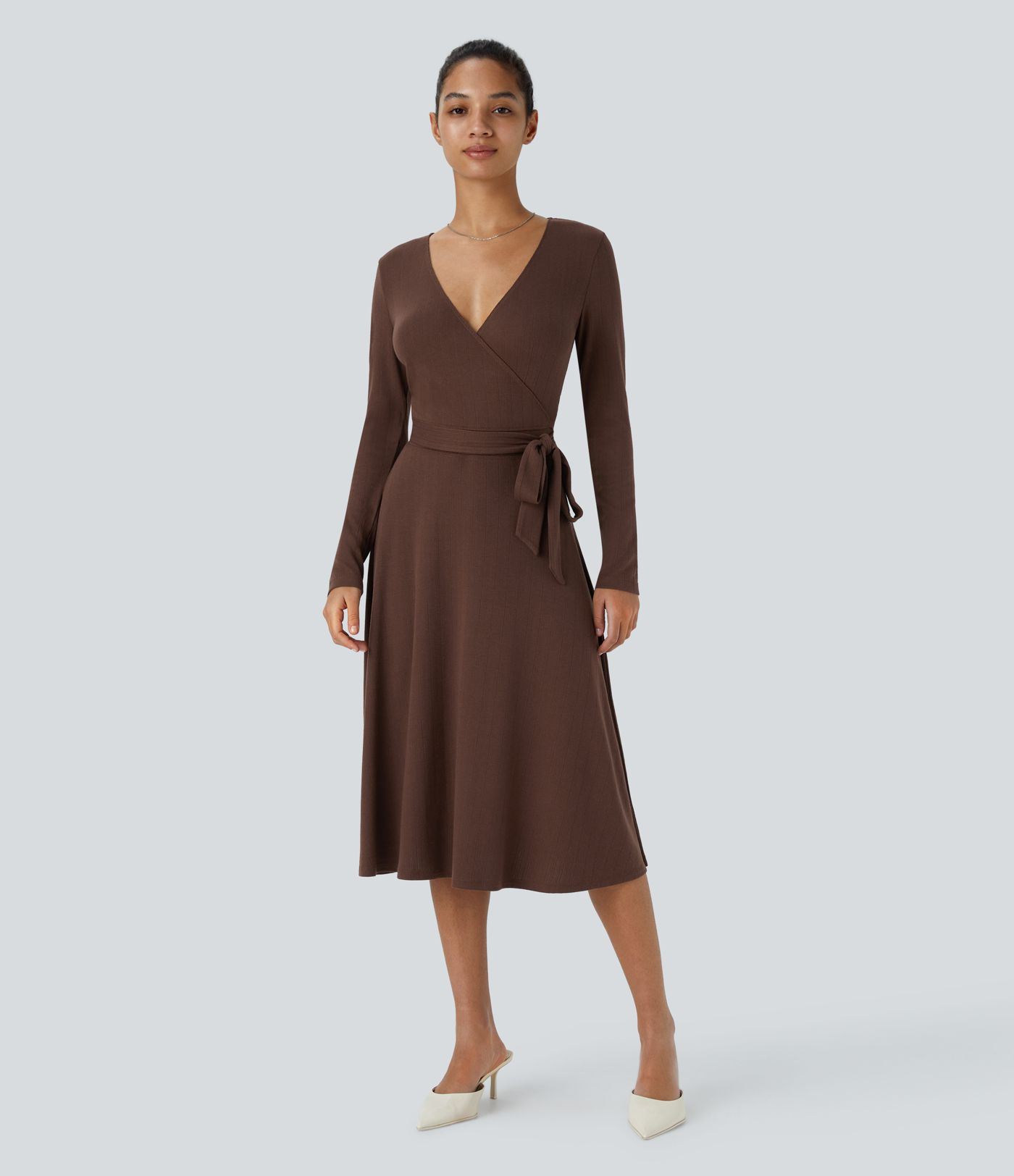 Ribbed Knit Crossover V Neck Long Sleeve Belted Midi Work Dress