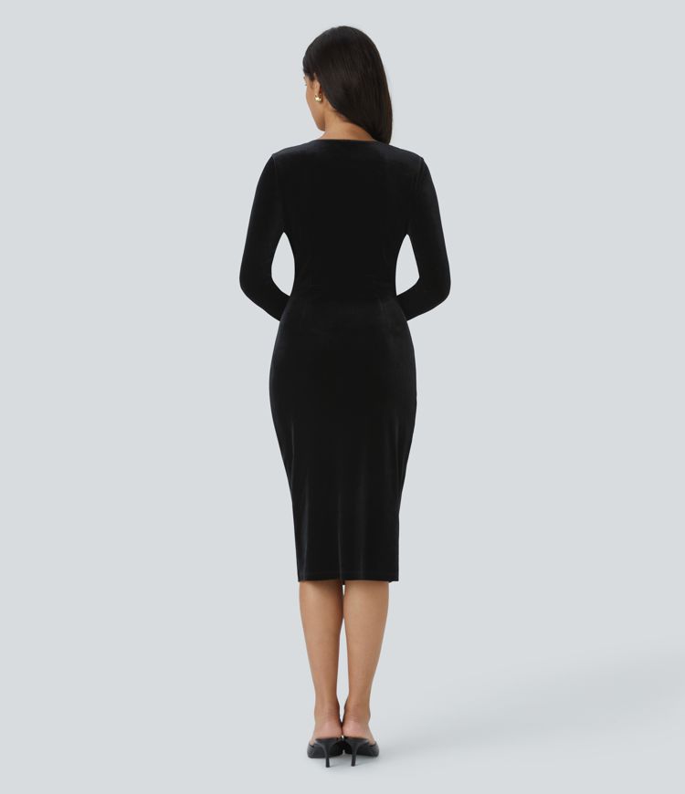 Robe de décontractée mi-longue en velours à col V, manches longues, fronces et fente