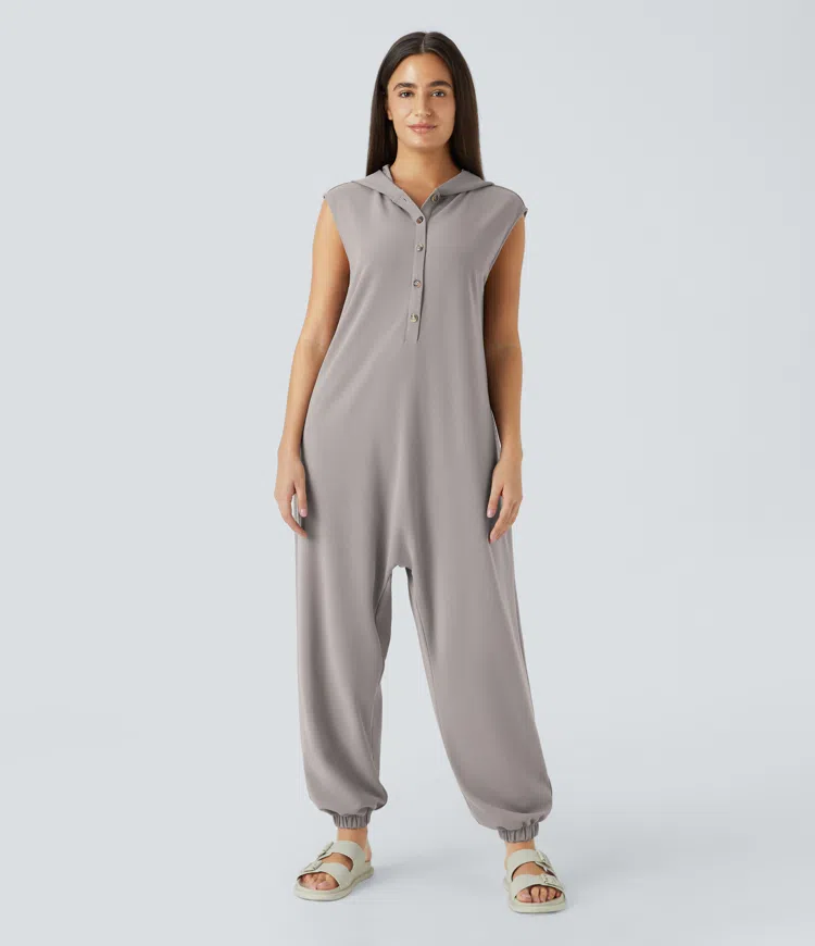 Hooded Front Sleeveless Pocket Waffle Casual Jumpsuit