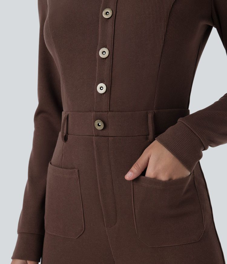 Ribbed Collared Long Sleeve Button Front Pocket Slim Casual Flare Jumpsuit