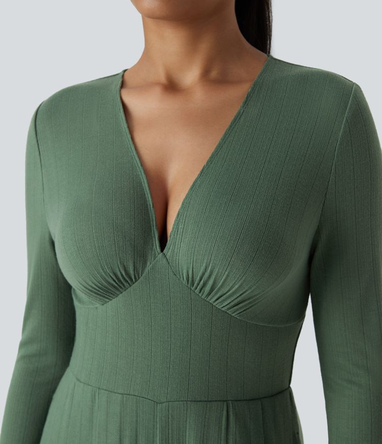 Ribbed Knit Deep V Neck Long Sleeve Side Pocket Palazzo Wide Leg Casual Jumpsuit