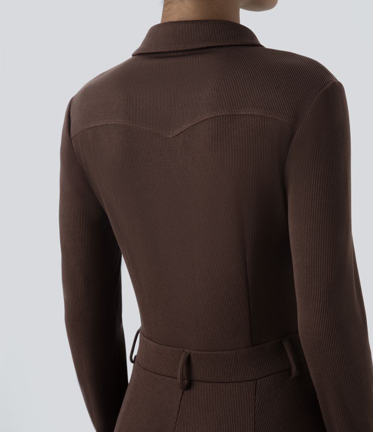 Ribbed Collared Long Sleeve Button Front Pocket Slim Casual Flare Jumpsuit