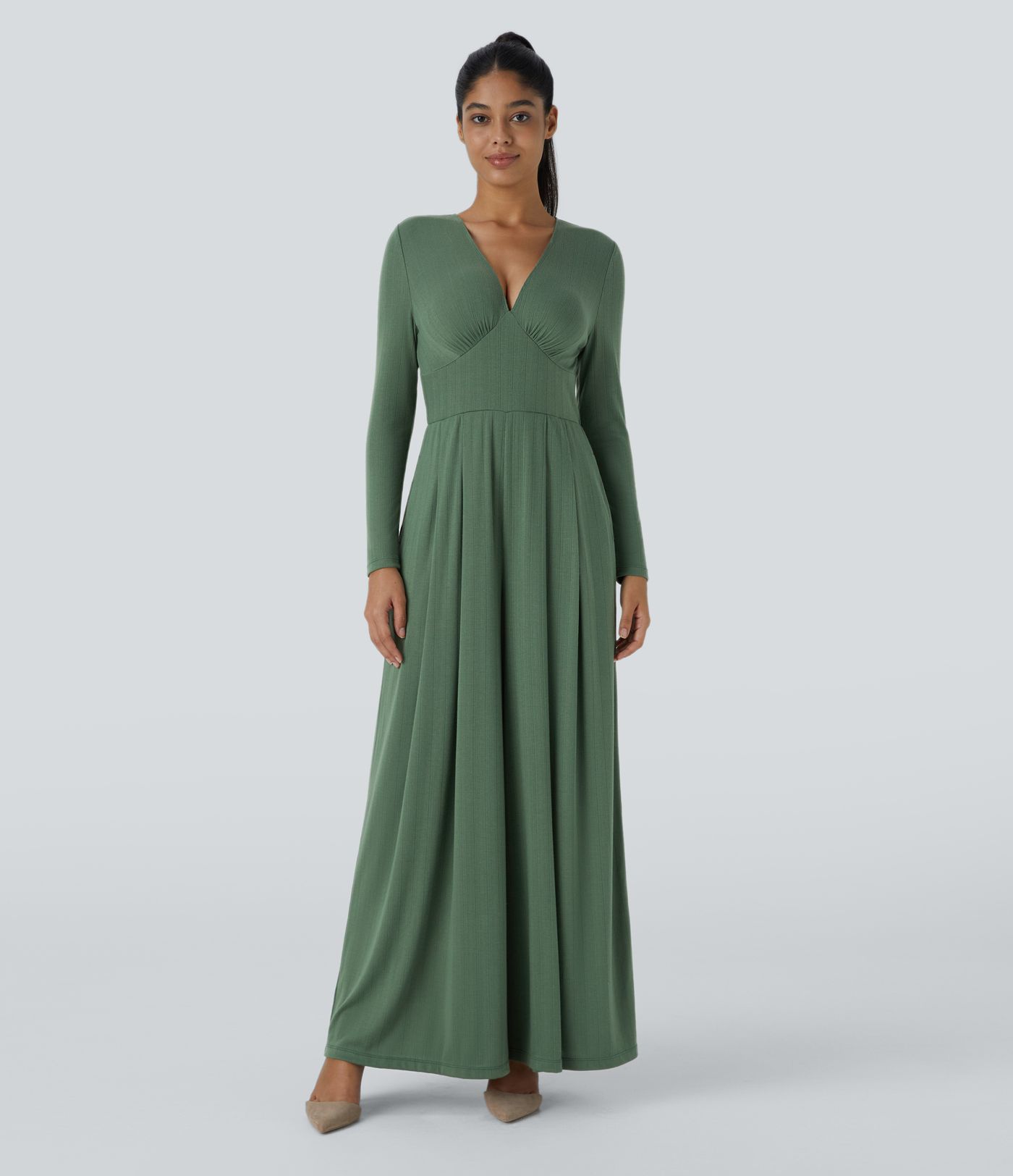 Ribbed Knit Deep V Neck Long Sleeve Side Pocket Palazzo Wide Leg Casual Jumpsuit