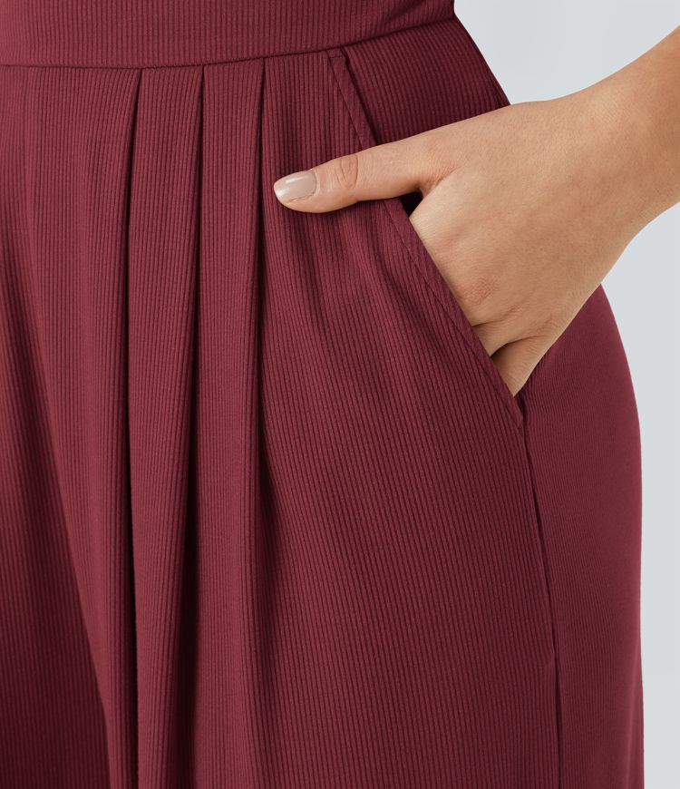 Ribbed Knit Cut Out Pocket Casual Jogger Jumpsuit