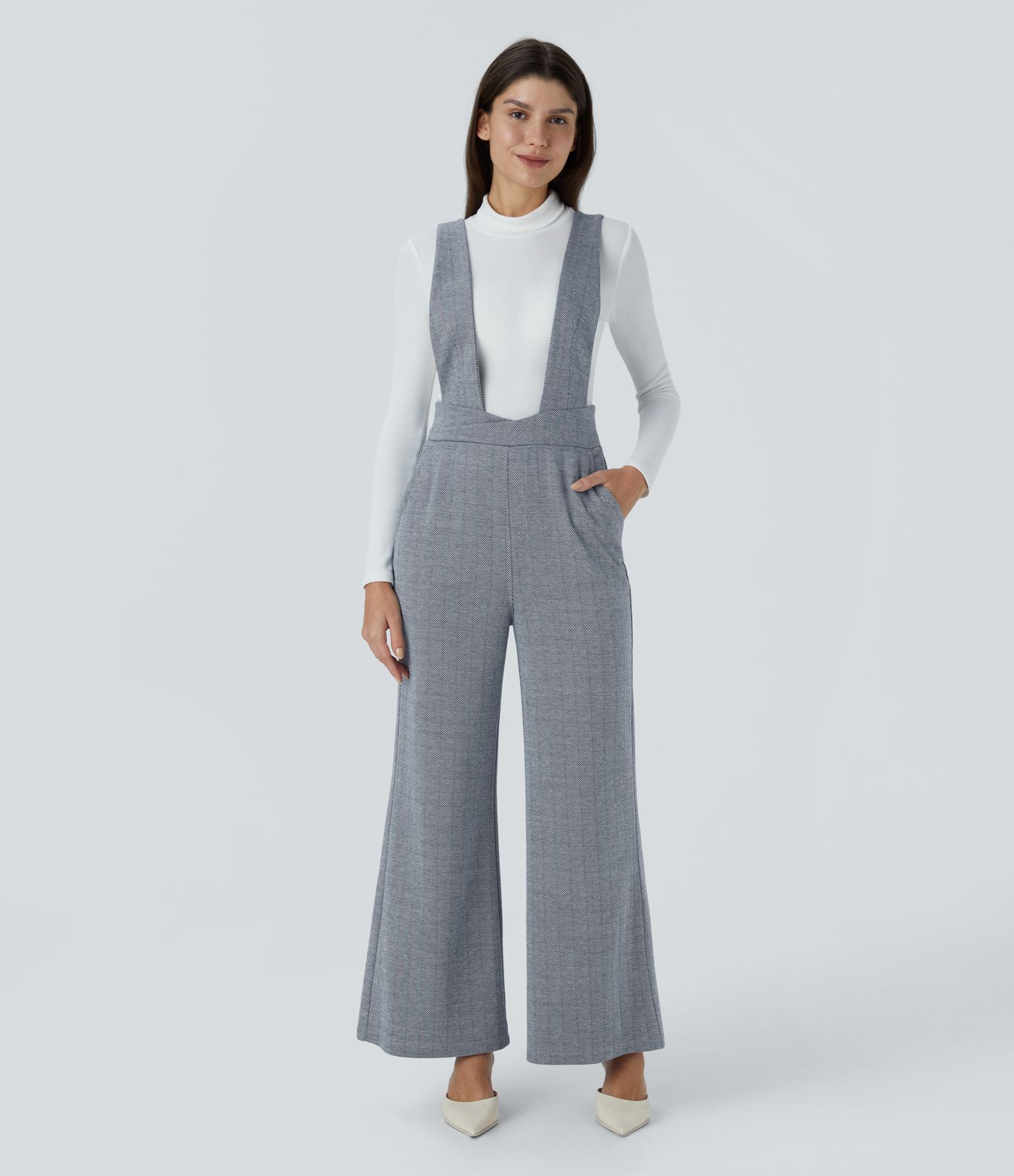 Wide strap decorative button side pocket herringbone overall