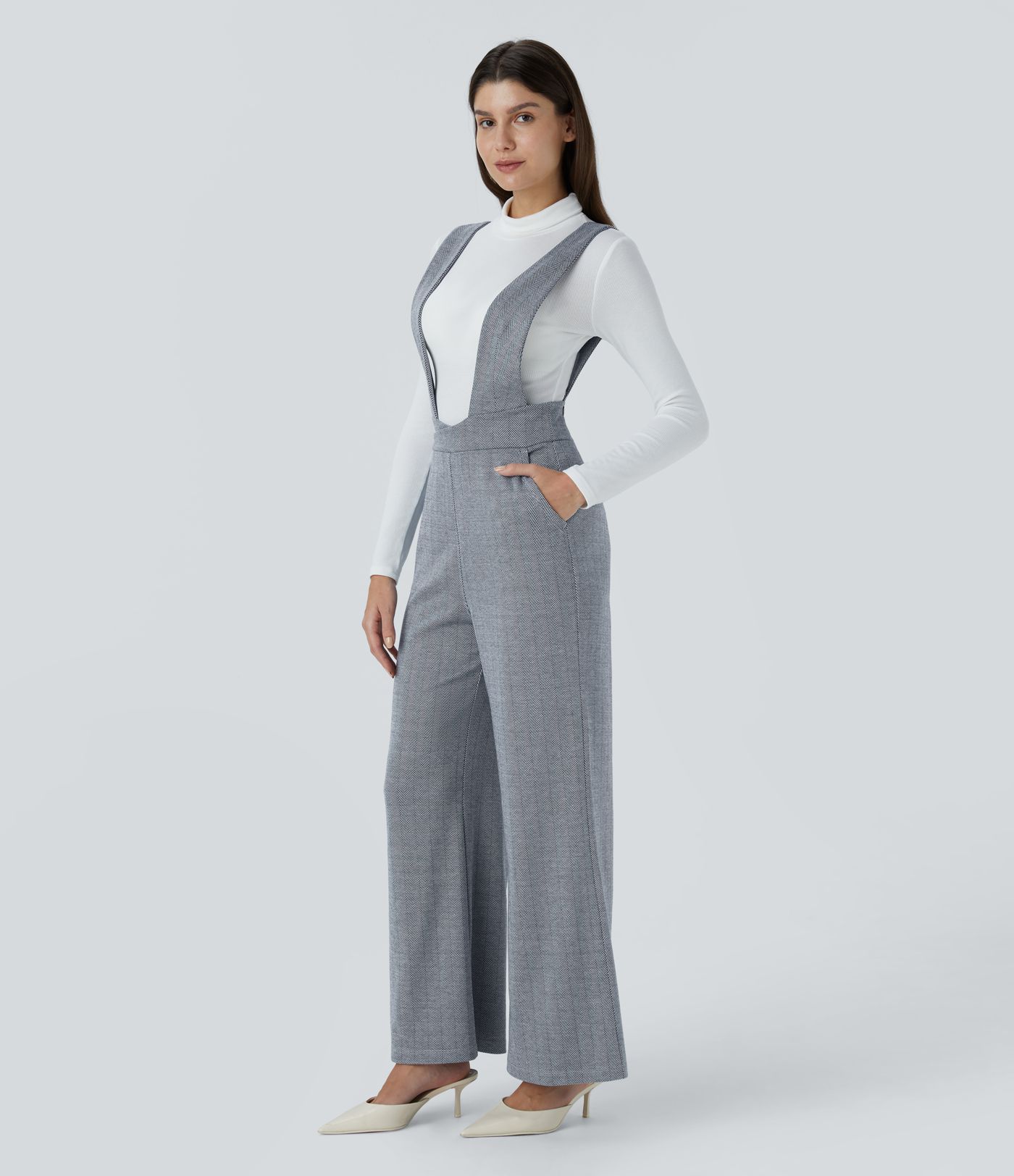 Wide strap decorative button side pocket herringbone overall