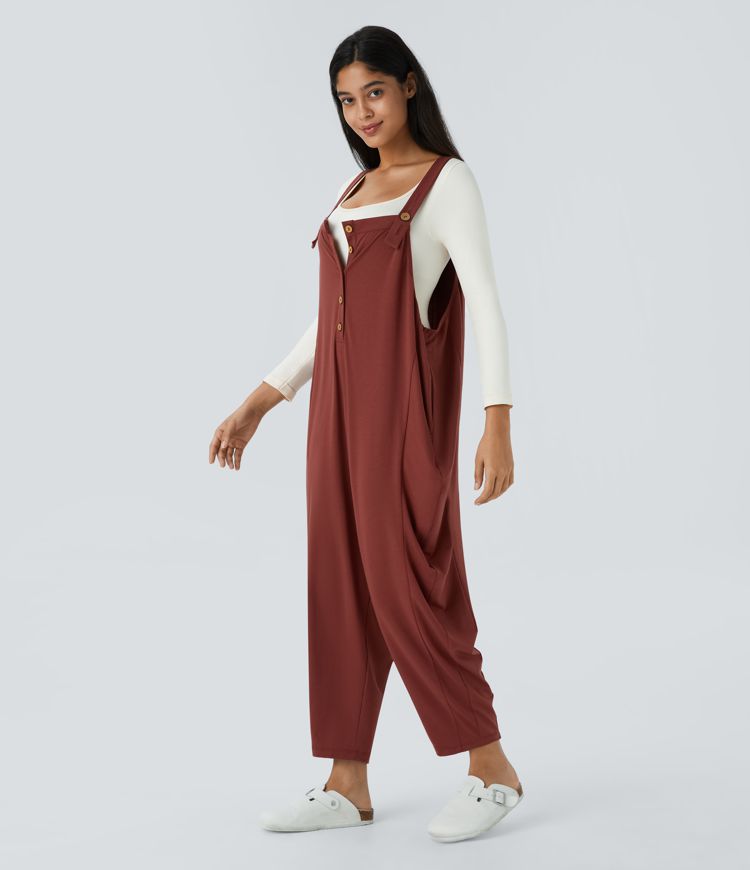 Adjustable Strap Button Side Pocket Stacked Casual Dungarees