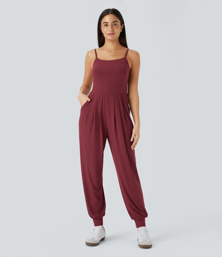Ribbed Knit Backless Cut Out Adjustable Strap Plicated Side Pocket Casual Jogger Jumpsuit