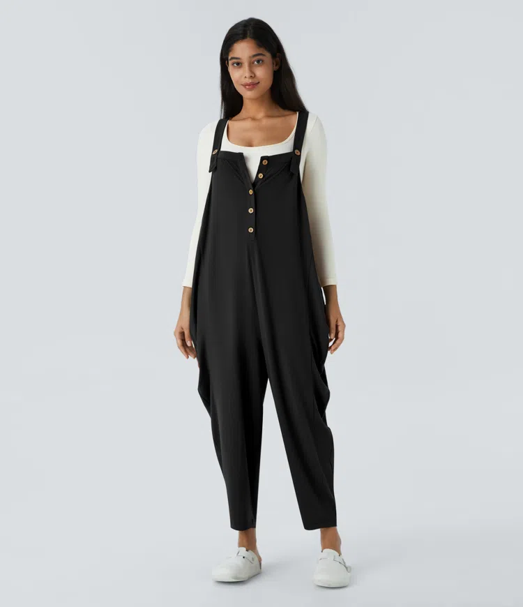 Adjustable Strap Button Side Pocket Stacked Casual Overalls