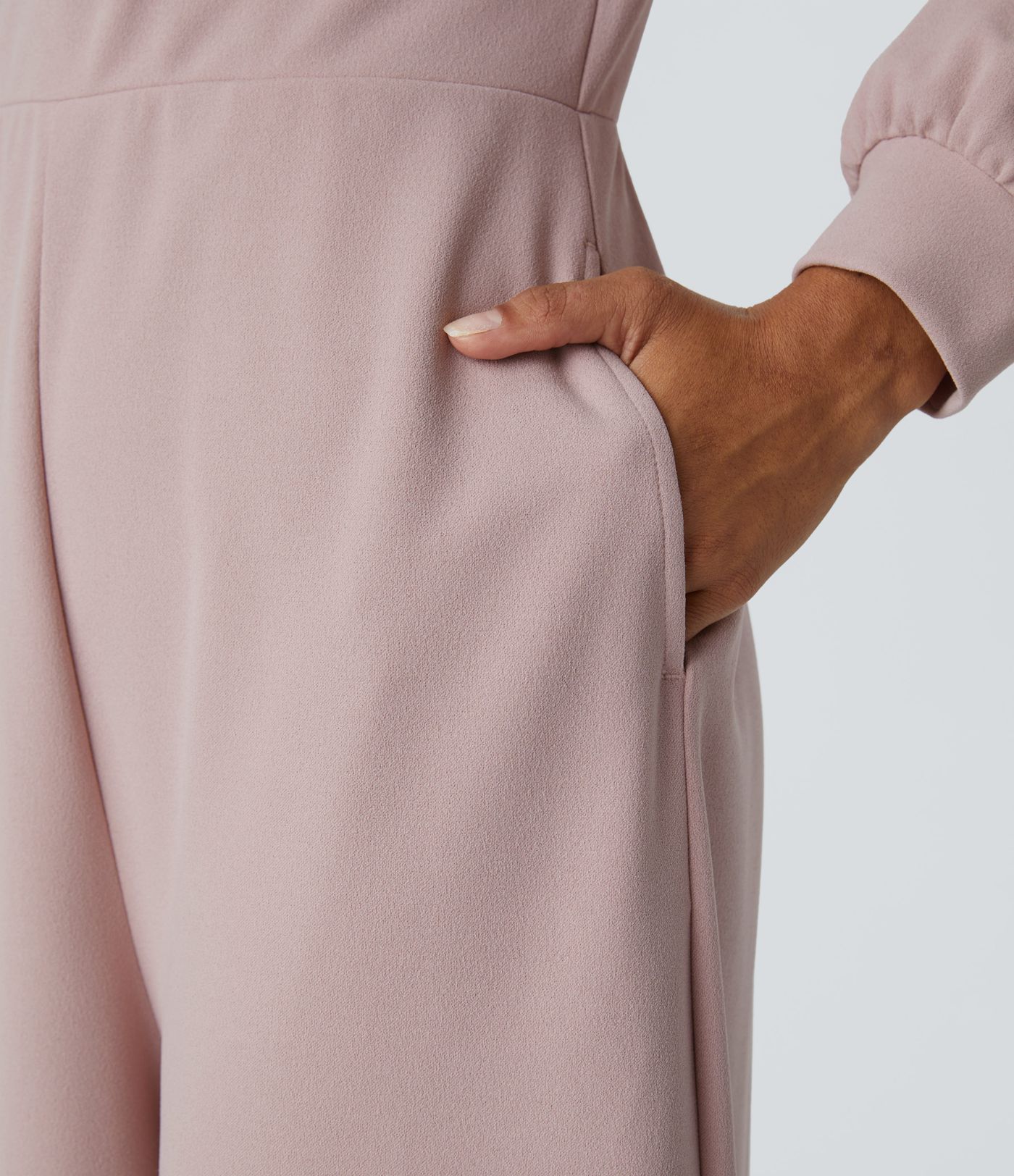 V Neck Long Sleeve Side Pocket Wide Leg Casual Jumpsuit