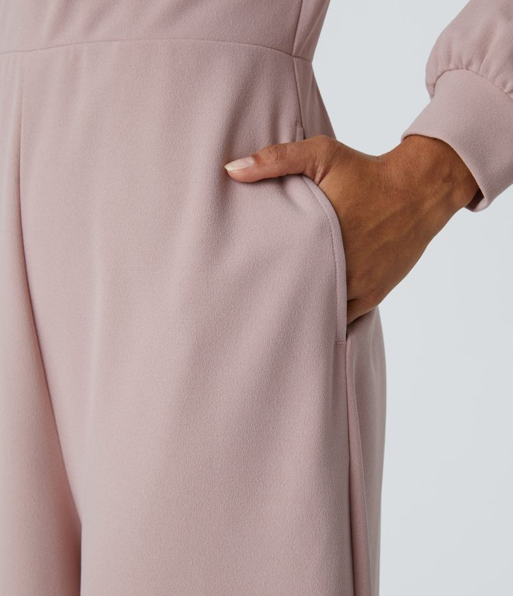 V Neck Long Sleeve Side Pocket Wide Leg Casual Jumpsuit
