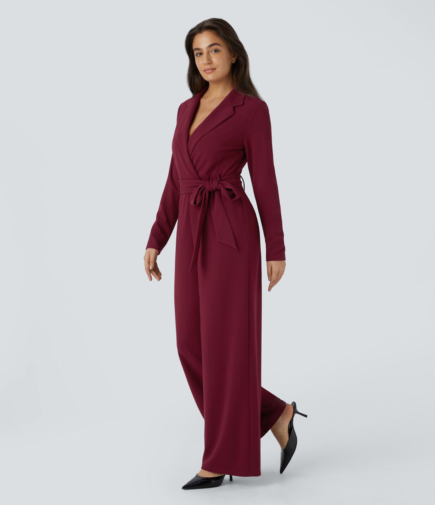 Notched Collar Long Sleeve Belted Casual Jumpsuit