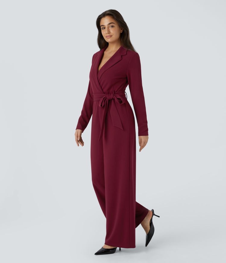 Notched Collar Long Sleeve Belted Casual Jumpsuit