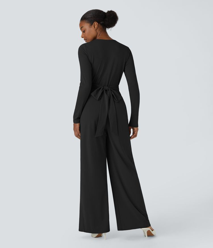 Mono cuello V manga larga bolsillo lateral lazo espalda