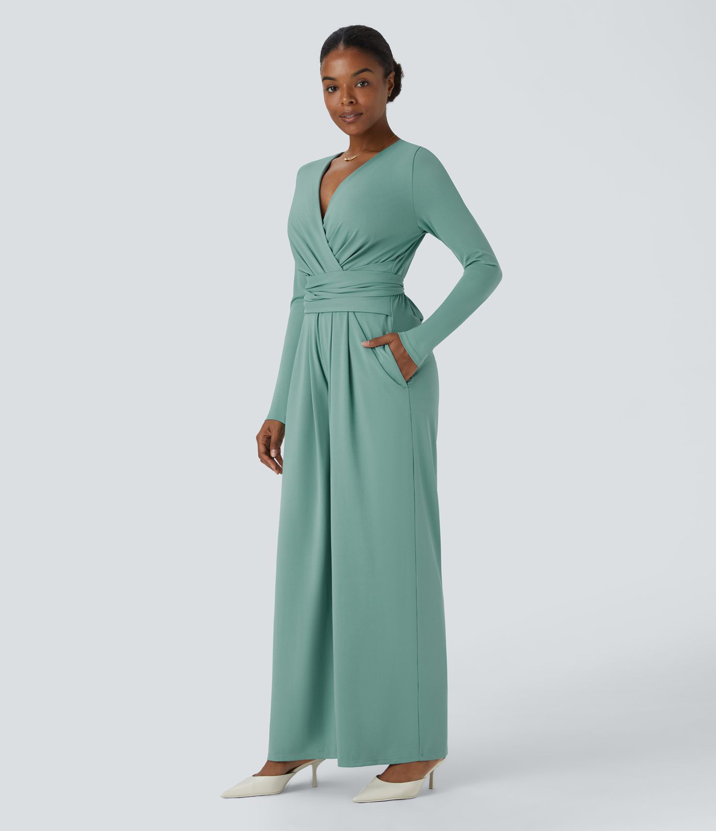 V Neck Long Sleeve Pocket Tie Back Casual Jumpsuit