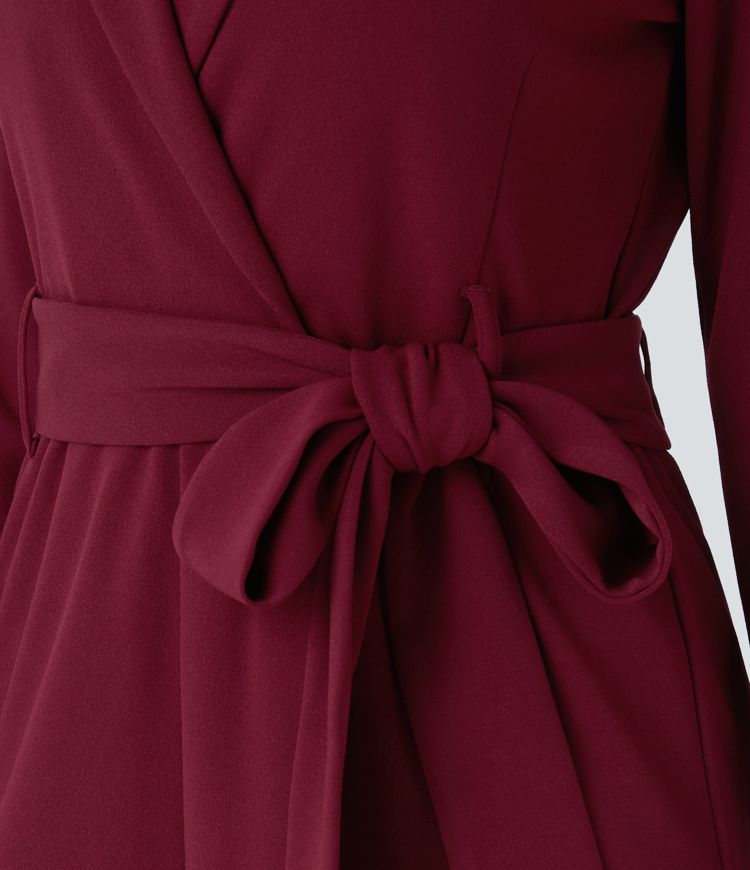 Notched Collar Long Sleeve Belted Casual Jumpsuit