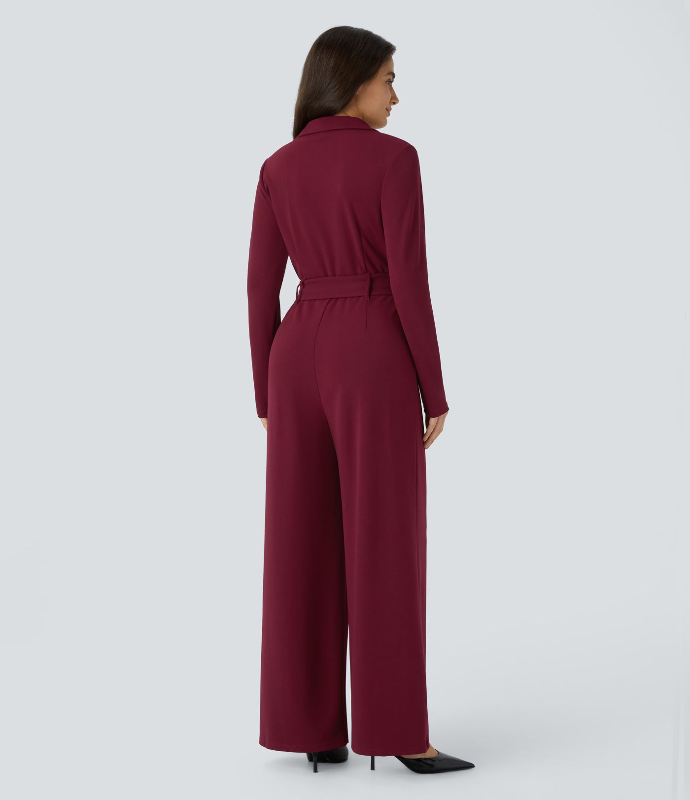 Notched Collar Long Sleeve Belted Casual Jumpsuit