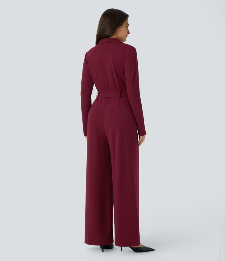 Notched Collar Long Sleeve Belted Casual Jumpsuit