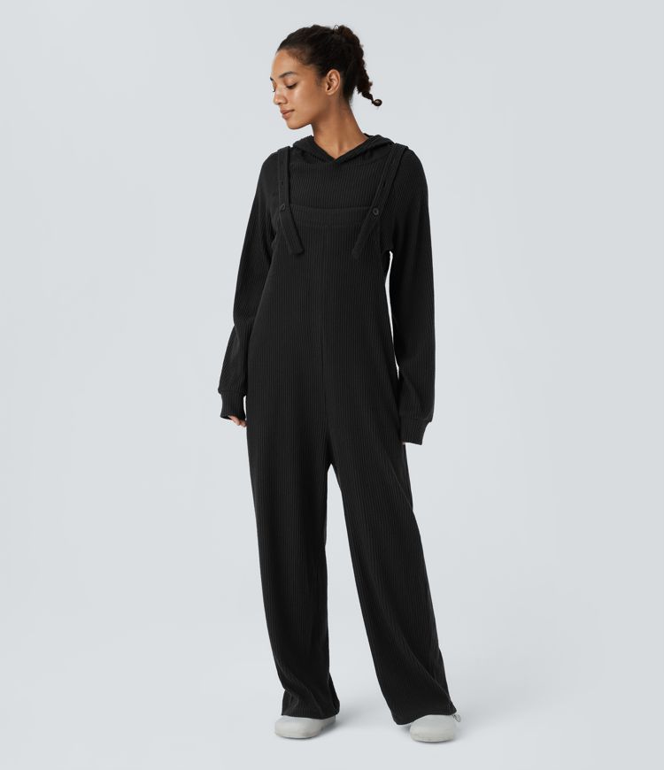 Ribbed Knit Pocket Casual Overalls