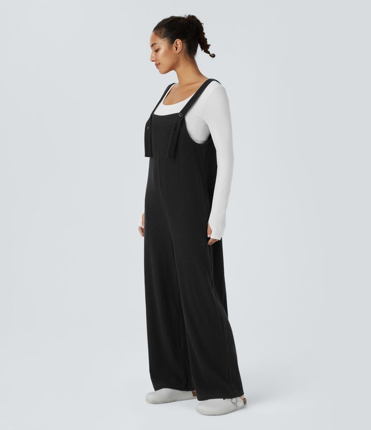 Ribbed Knit Pocket Casual Overalls