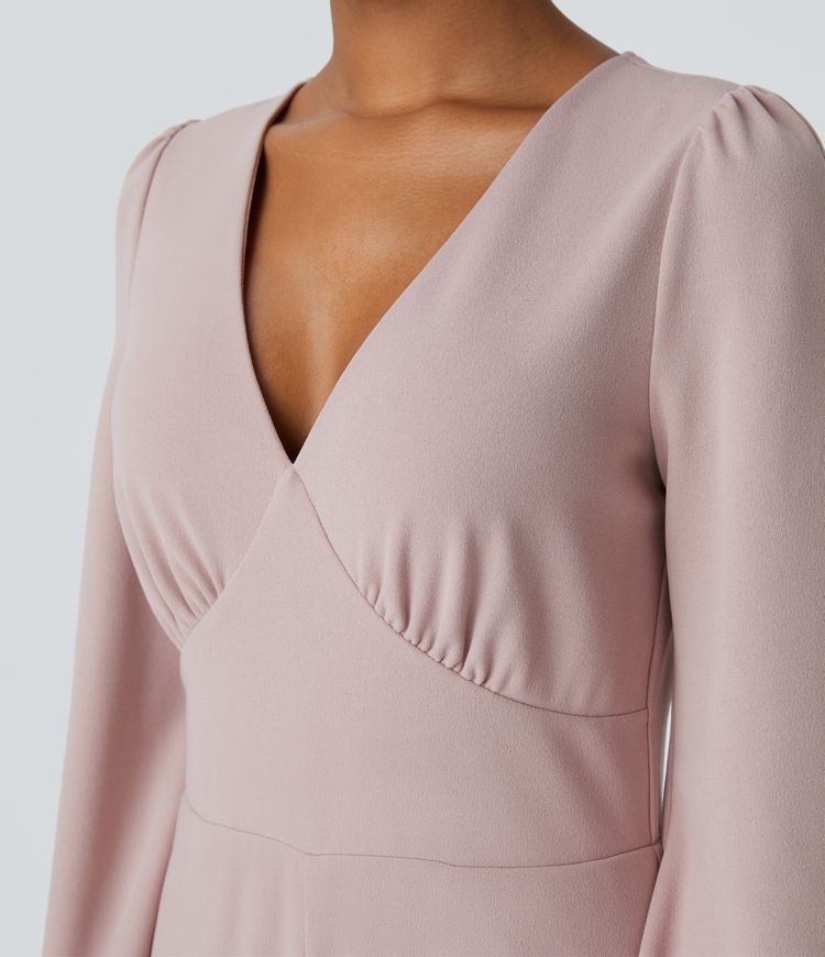 V Neck Long Sleeve Side Pocket Wide Leg Casual Jumpsuit