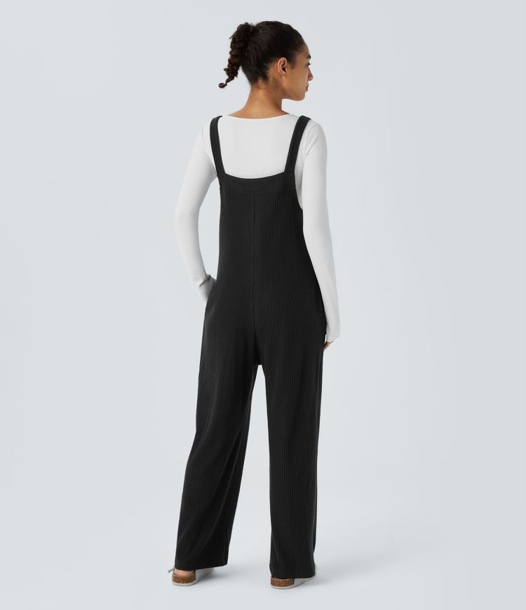 Ribbed Knit Pocket Casual Overalls