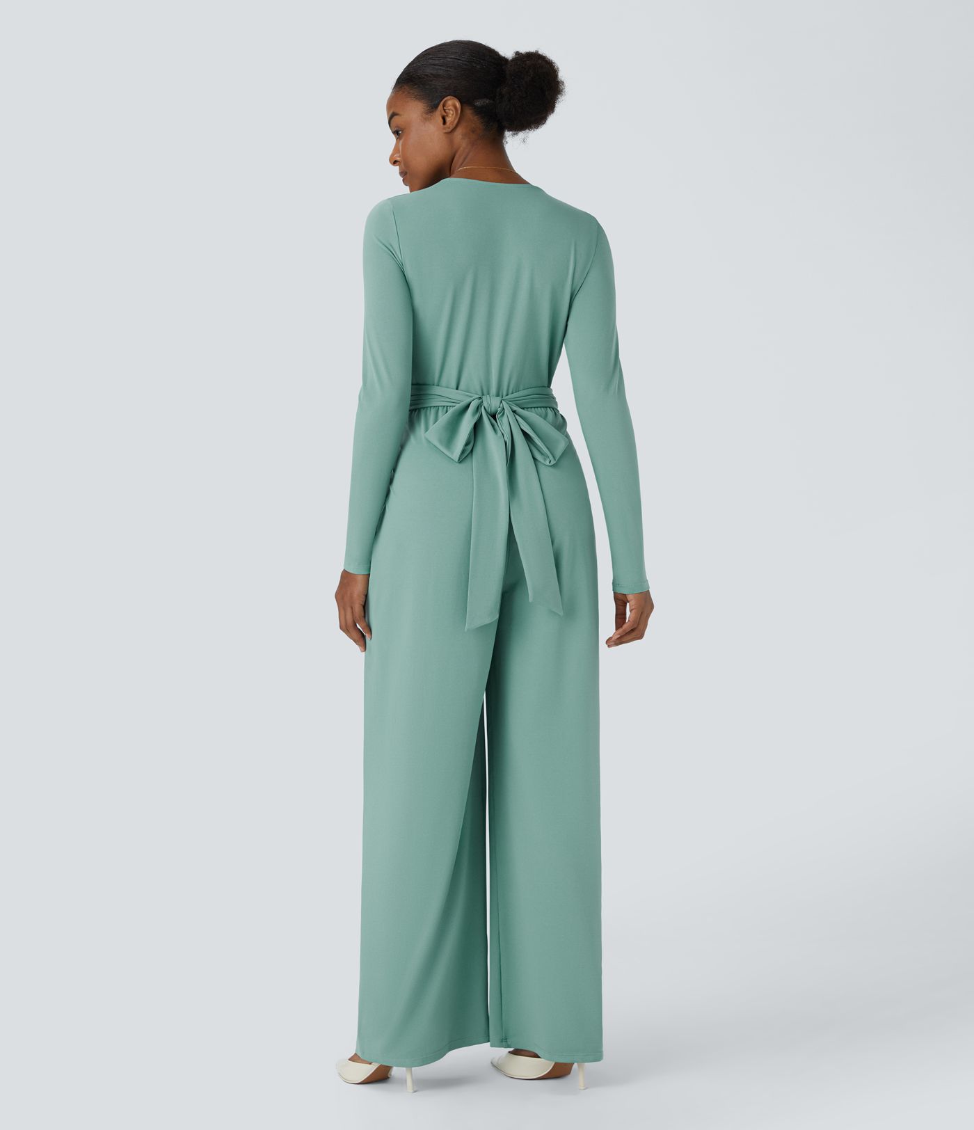 V Neck Long Sleeve Pocket Tie Back Casual Jumpsuit