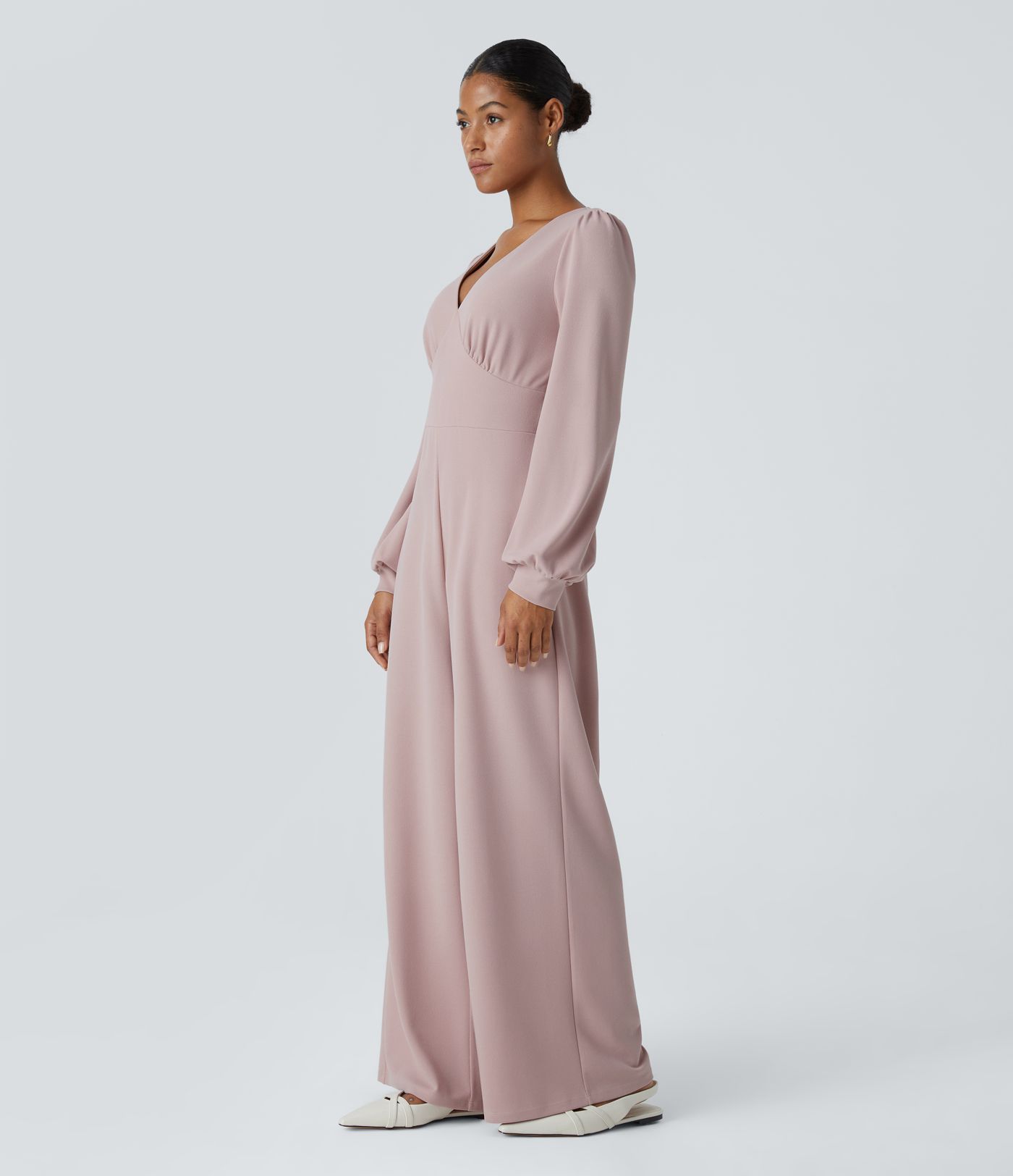 V Neck Long Sleeve Side Pocket Wide Leg Casual Jumpsuit