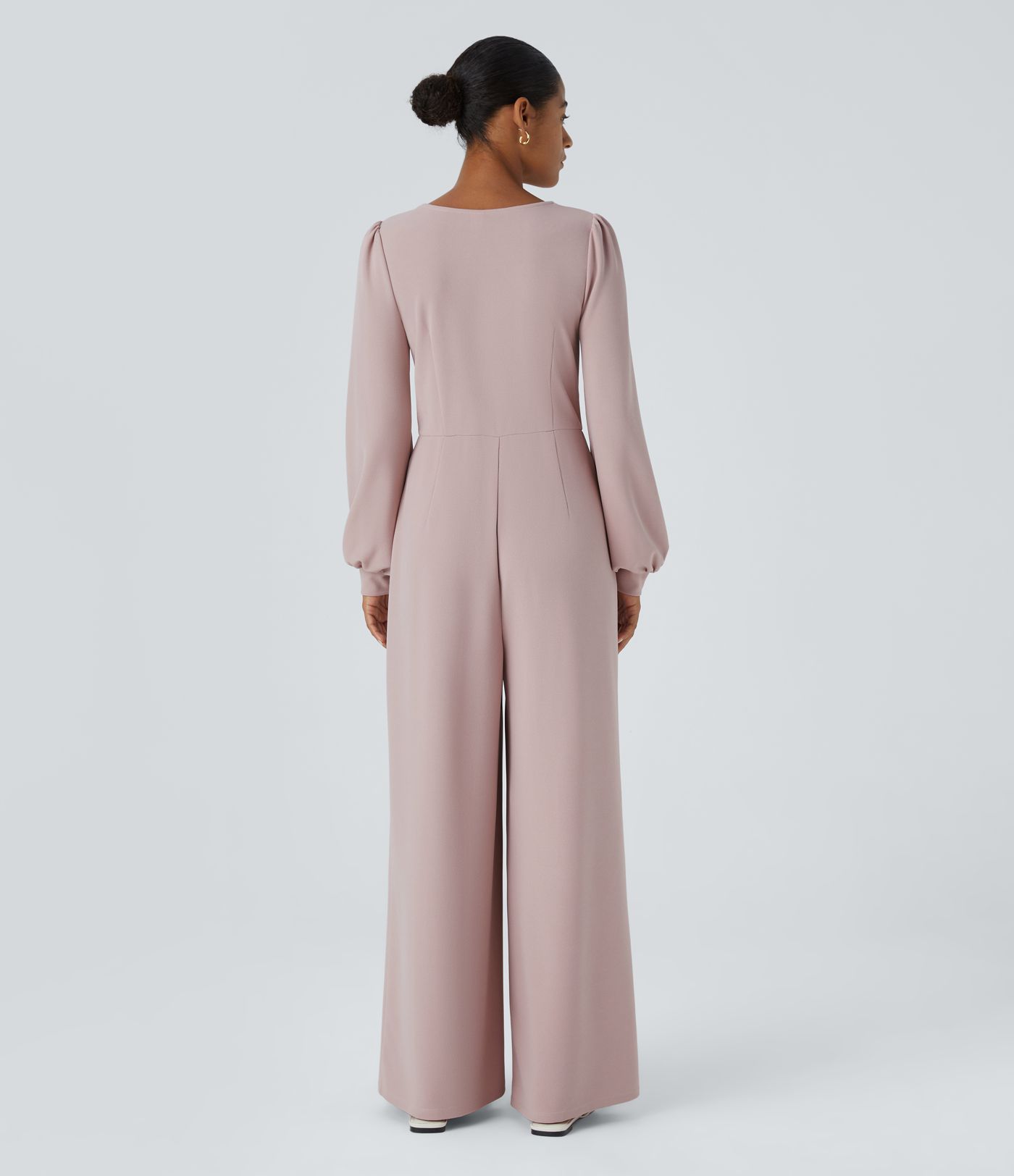 V Neck Long Sleeve Side Pocket Wide Leg Casual Jumpsuit